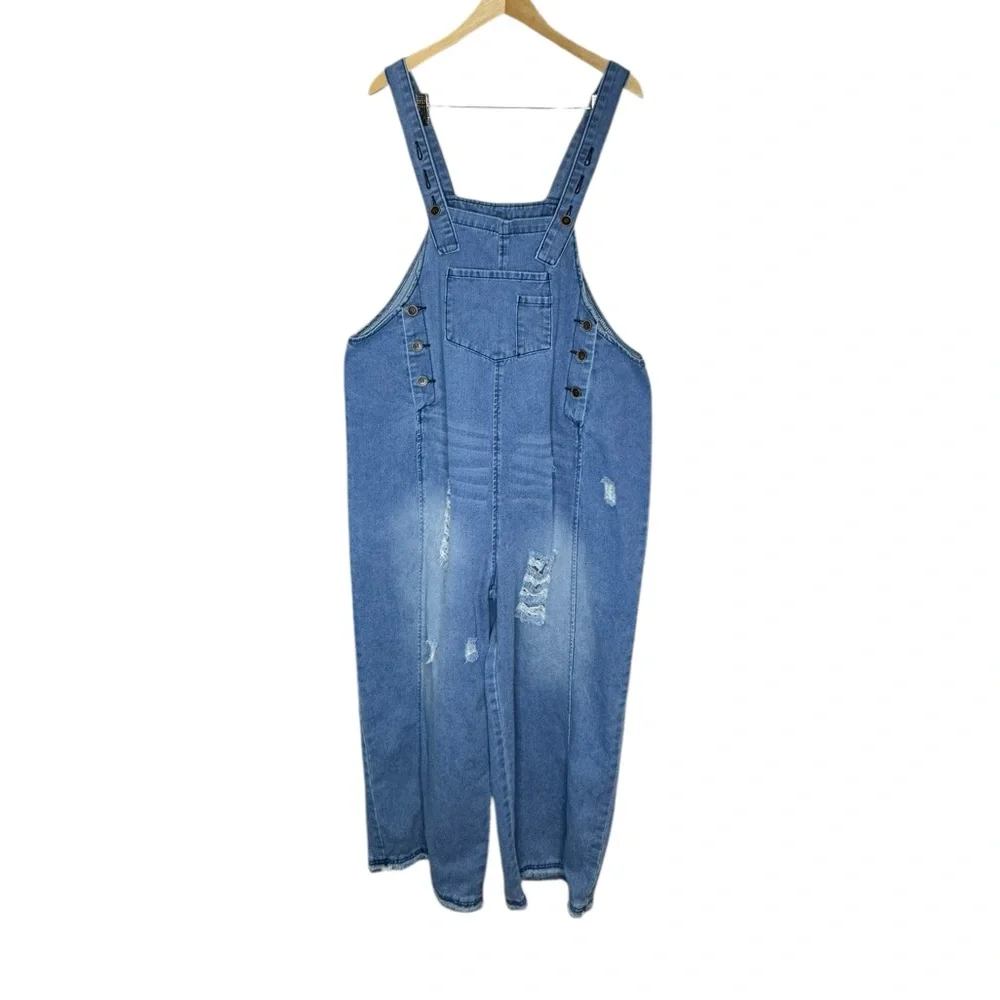 Women’s Denim Loose Fit Summer Baggy Distressed Adjustable Strap Overalls - Picture 2 of 7